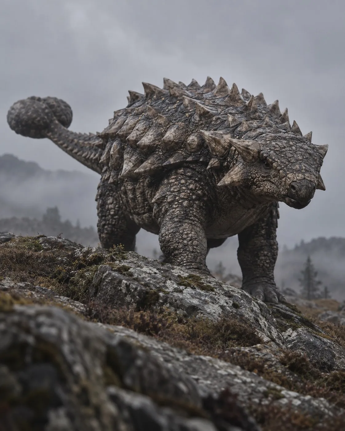 An Ankylosaurus standing on a rocky hillside