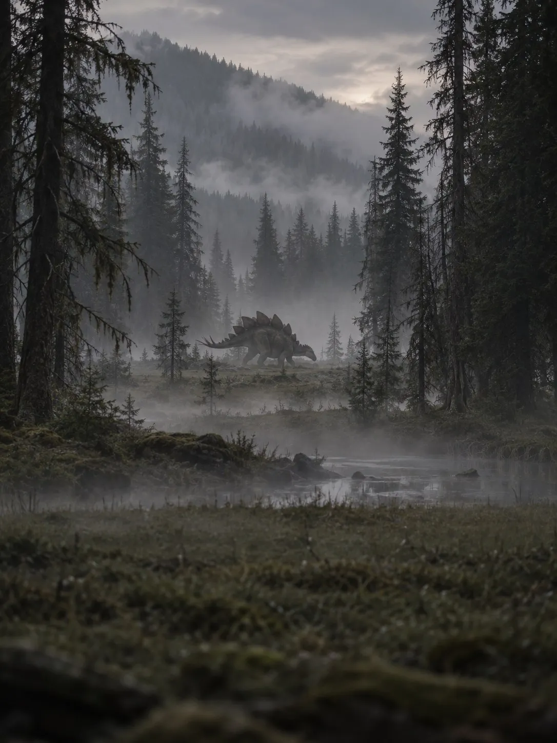 Forest biome: a misty clearing between tall pines