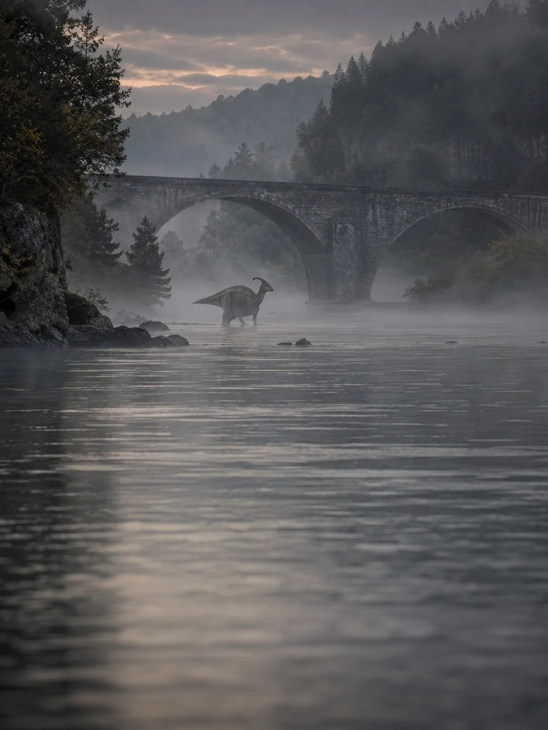 Riverside biome: a foggy river under a stone bridge