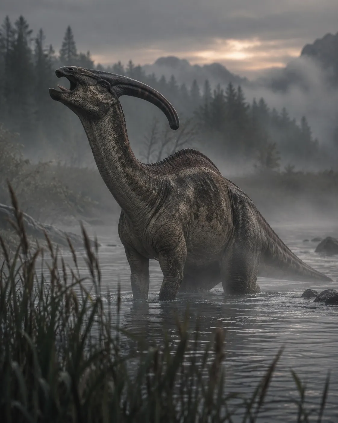 A Parasaurolophus wading through reeds in a foggy river