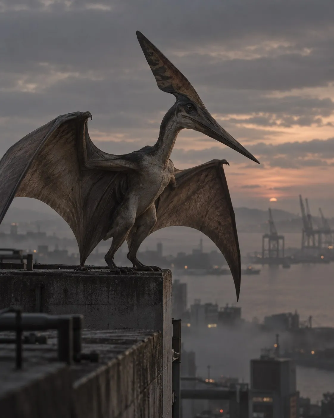A Pteranodon perched on a rooftop above a harbour at dusk