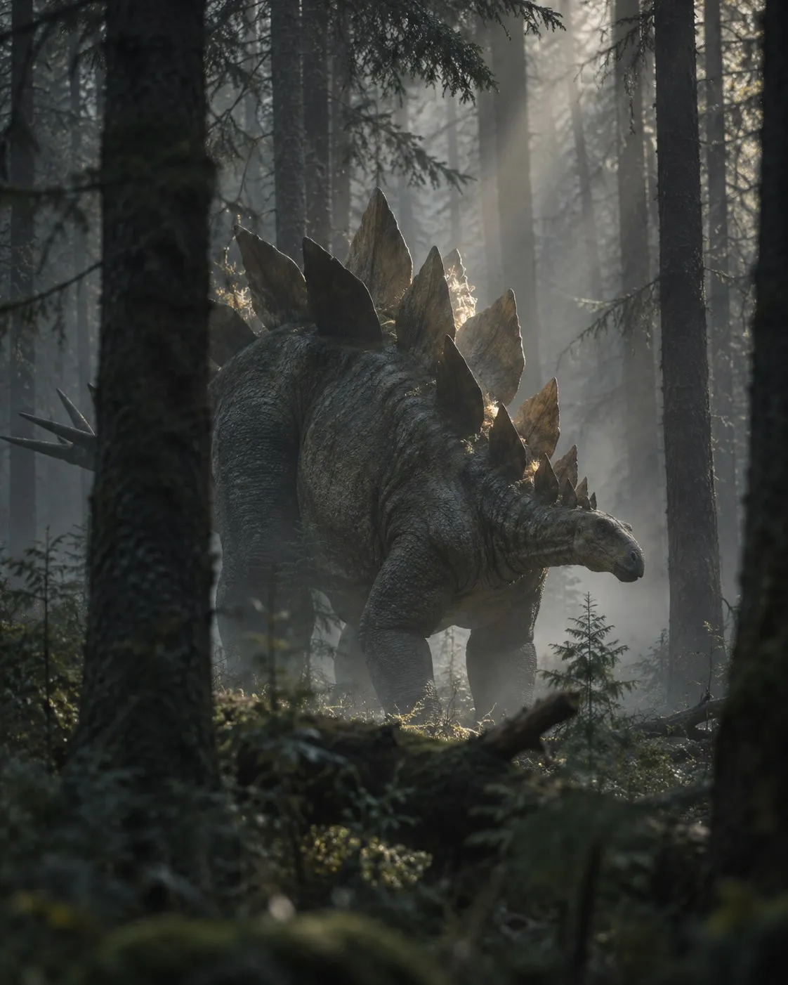 A Stegosaurus among misty pine trees
