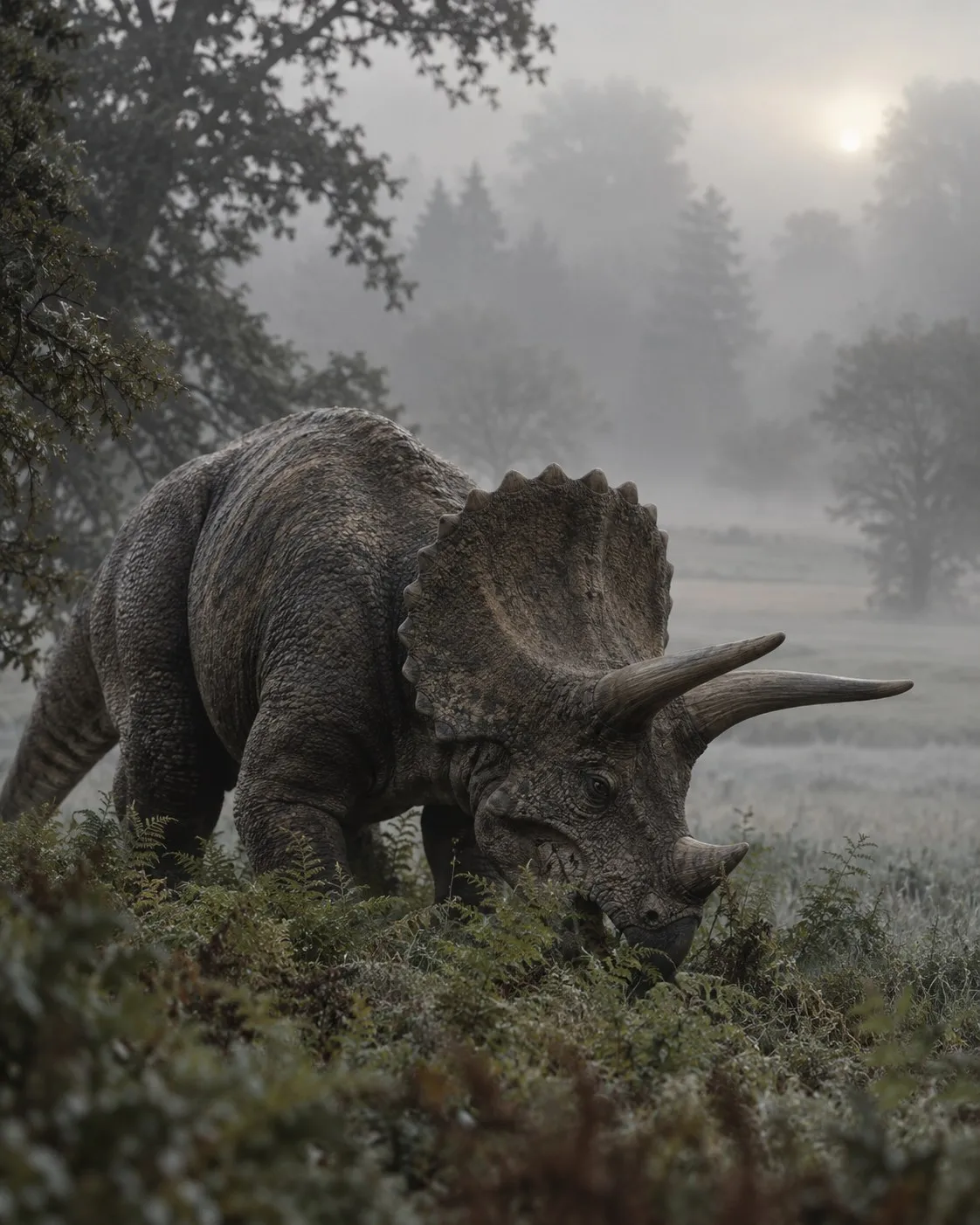 A Triceratops grazing in a misty meadow