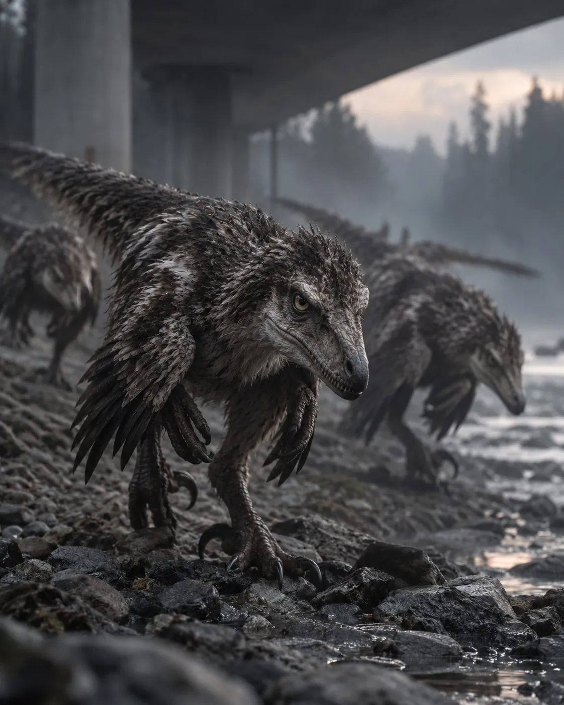 A pack of Velociraptors on a rocky riverbank under a bridge